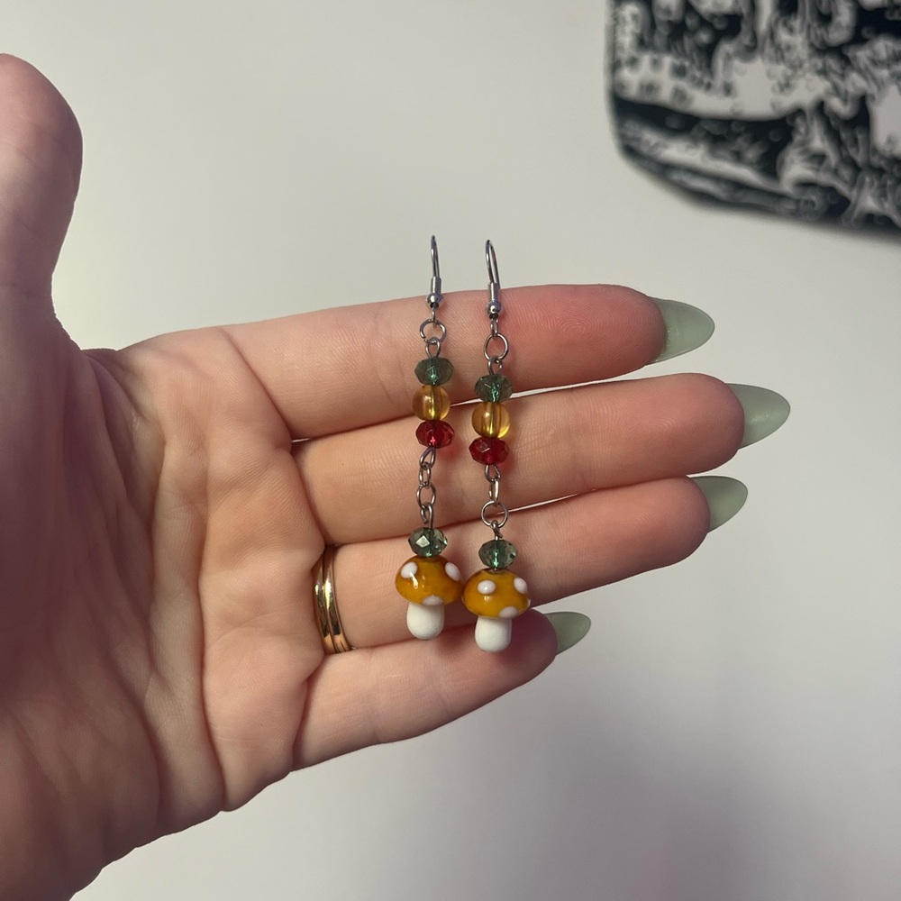 Handmade Whimsical Mushroom Earrings with Multicolor Beads (Stainless Steel)
